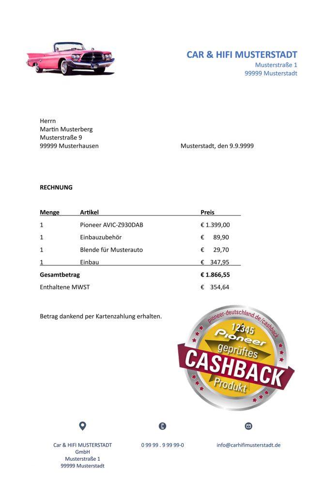 Musterrechnung mit aufgeklebtem gelben Aktionsaufkleber von der Produktverpackung