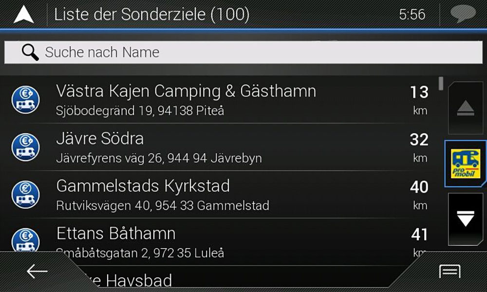Screenshot: Übersichtsliste der Stellplätze im promobil Bordatlas-Portfolio. Angezeigt werden Namen und Adressen nahegelegener Stellplätze und die jeweilige Entfernung dorthin.