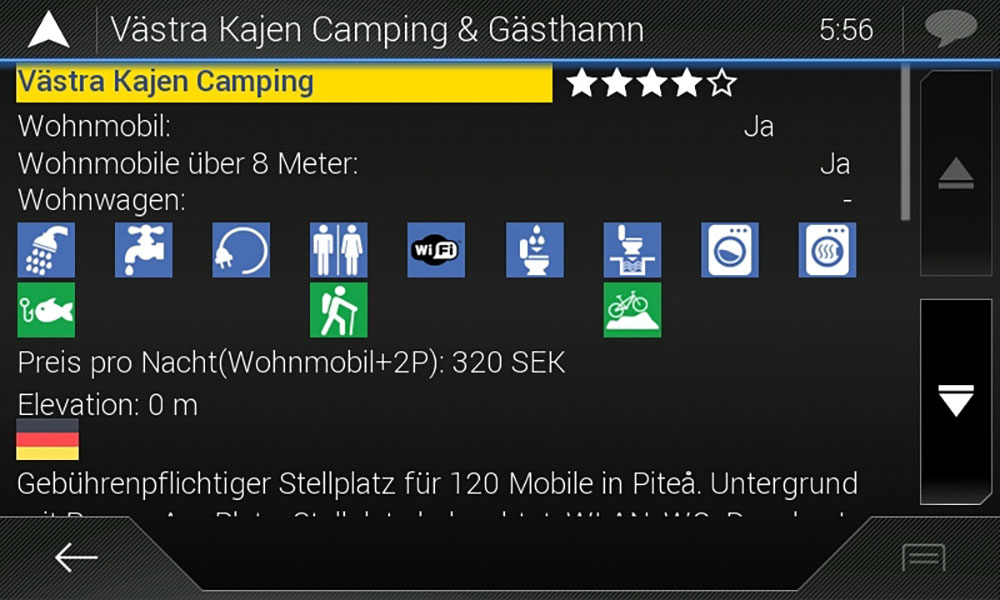 Screenshot einer Stellplatz-Info aus dem promobil Bordatlas-Portfolio. Er zeigt Textinfos und eine Reihe von Piktogrammen, die die Ausstattung eines Stellplatzes darstellen. Ganz oben eine Sterne-Bewertung.