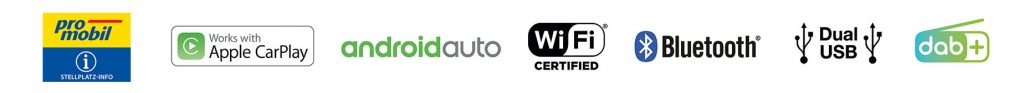 Logo-Zeile: Apple CarPlay, android auto, WiFi certified, Bluetooth Dual USB, promobil Stellplatz-Info, DAB+