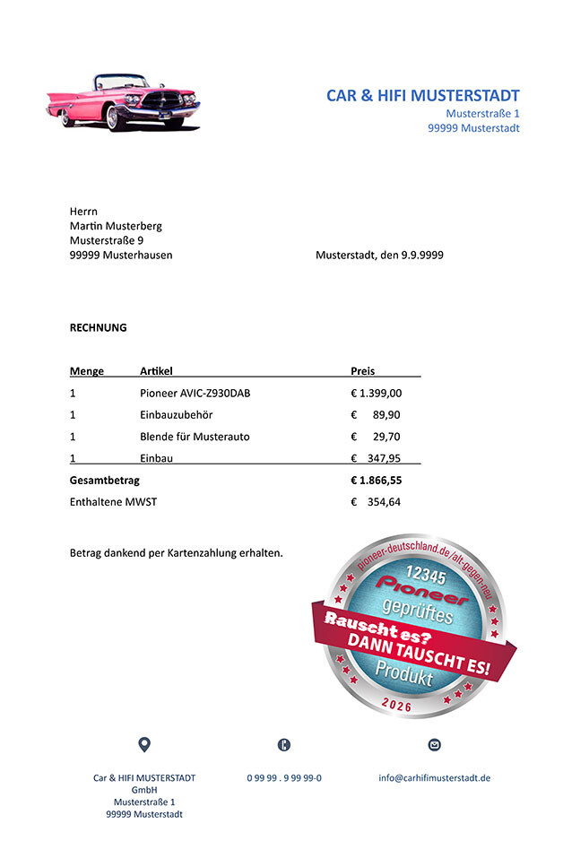 Pioneer Cashback-Aktion Alt gegen neu – Rauscht es? Dann tauscht es! – Beispiel einer Rechnung mit aufgeklebtem Cashback-Aufkleber von der Geräteverpackung
